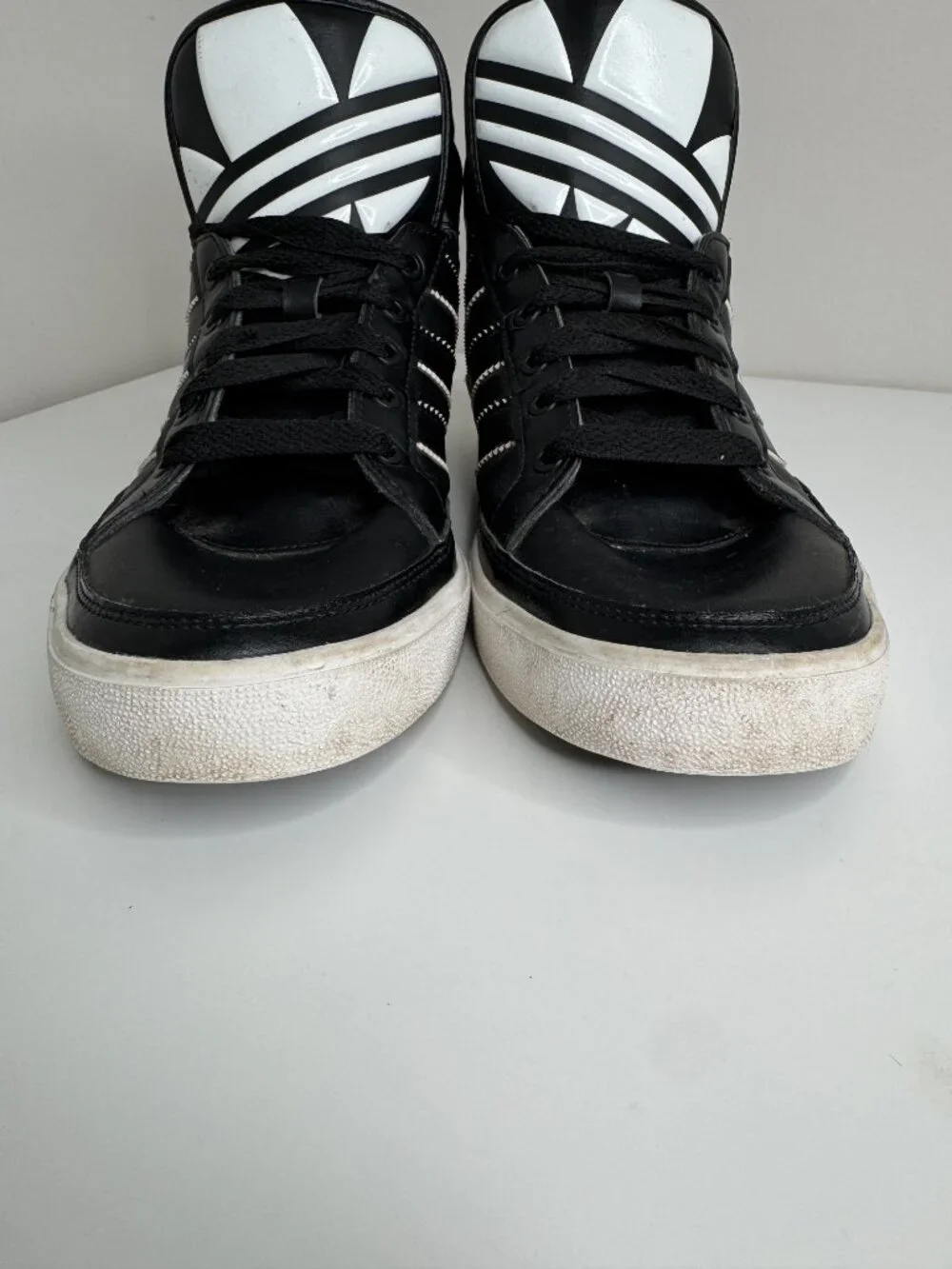 Adidas Originals Black Leather High Top Lace Up Sneakers Mens 10.5 Trefoil Tongu